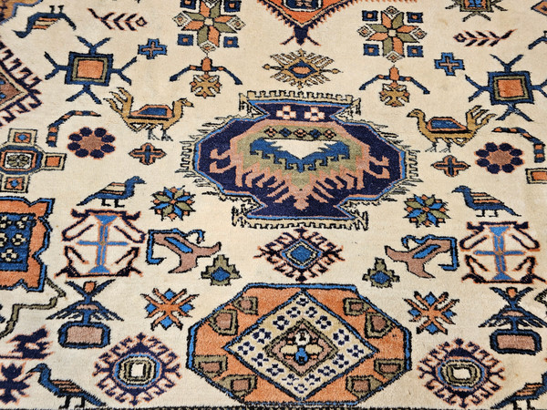 Vintage Persian Ardebil in Geometric Pattern in Ivory, Brick, Pale Blue, Olive, The Persian Knot Gallery, SKU 1334