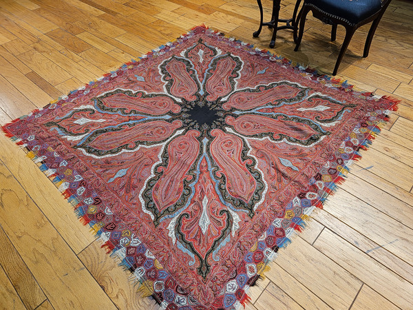 Mid 19th Century Hand Embroidered “Kashmiri Pieced Shawl” in “Butterfly” Pattern  with  Red, Black, Turquoise, and Ivory Colors 1507, The Persian Knot, SKU 1507