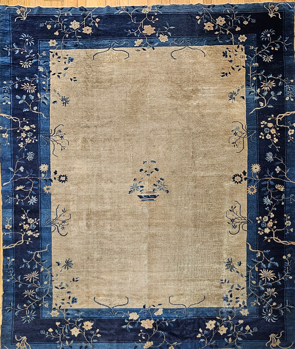 Vintage Chinese Peking Room Size Rug in Straw, Gray, Navy, French Blue, The Persian Knot, SKU 1022
