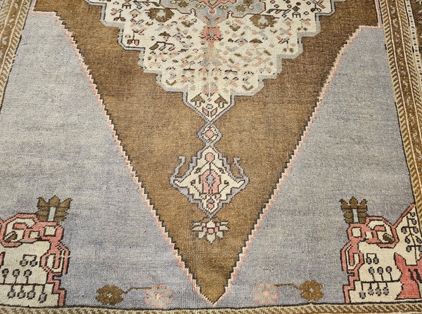 Vintage Turkish Oushak in Geometric Pattern in Pale Blue, Lavender,  Brown, Ivory, Pink, The Persian Knot Gallery, SKU 1012