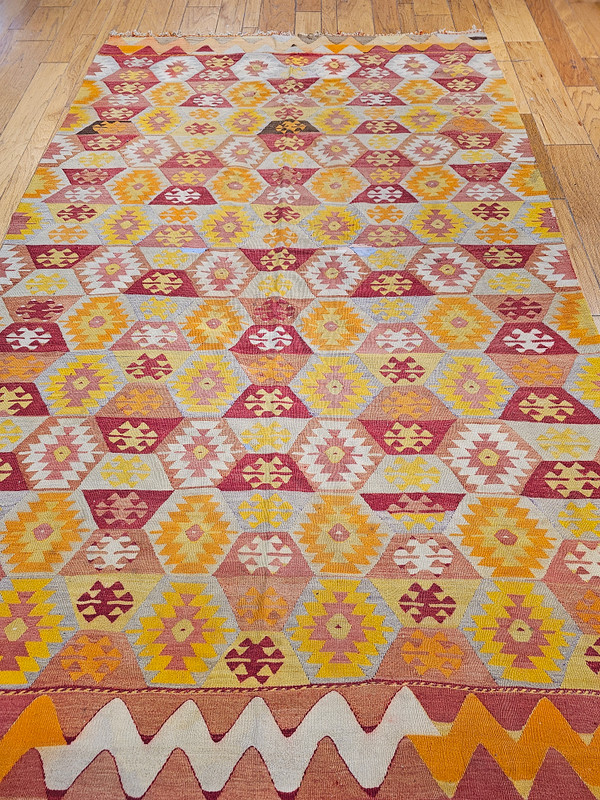 Vintage Room Size Turkish Kilim in Allover Pattern with Autumn Colors of Red, Yellow, Orange, Ivory, The Persian Knot, SKU 1138