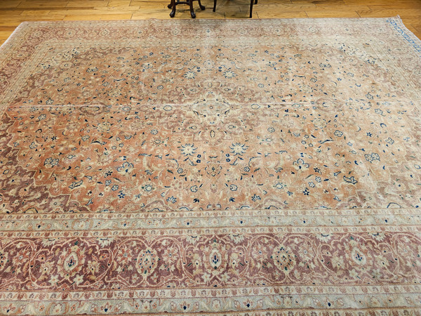 Vintage Persian Khorassan Rug in Floral Pattern in Pale Apricot, Burgundy, Blue, Green, The Persian Knot, SKU 1092