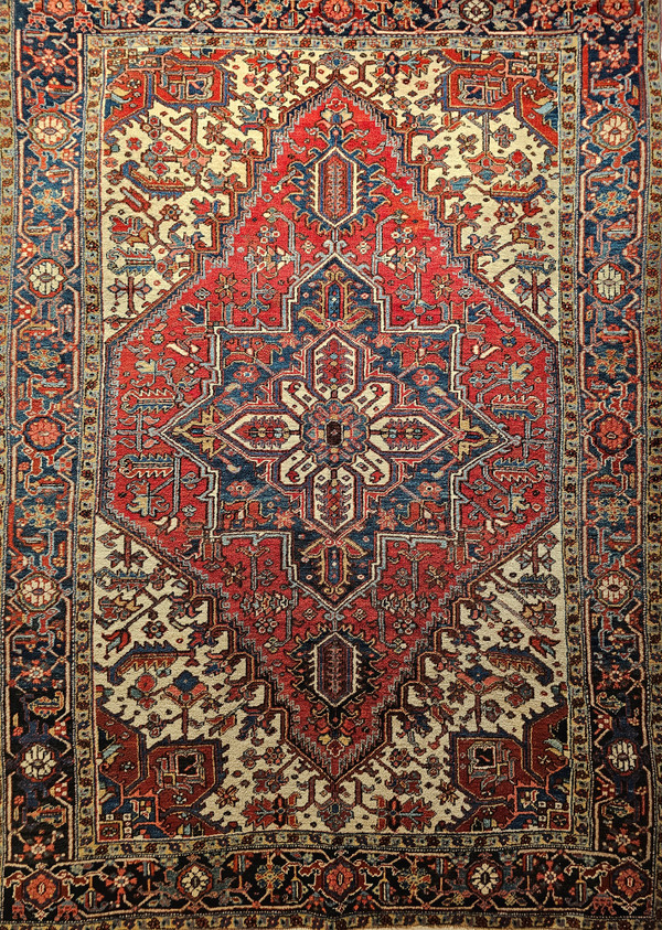 Early 20th Century Persian Heriz Rug in Red, French Blue, Ivory Colors, The Persian Knot, SKU 1007