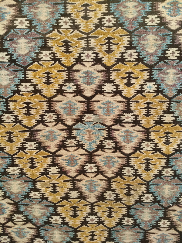 Vintage Persian Qazvin Kilim Long Runner in Brown, Blue, Yellow, Ivory,  @thepersianknot  , SKU 1129