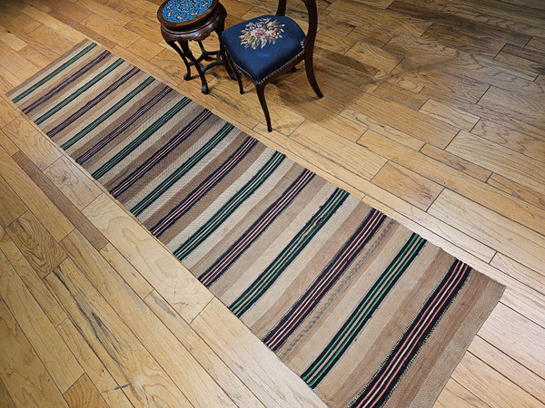 Vintage American Rag Runner in Stripe Pattern in Green, Pink, Tan, Cream, The Persian Knot, SKU 1613