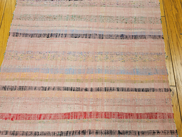 Vintage American Rag Runner in Stripe Pattern in Pink, Cream, Blue, Green, Yellow, The Persian Knot, SKU 1498