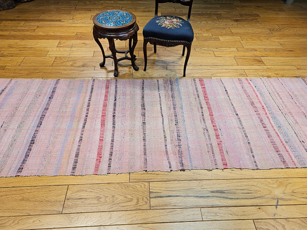 Vintage American Rag Runner in Stripe Pattern in Pink, Cream, Blue, Green, Yellow, The Persian Knot, SKU 1498