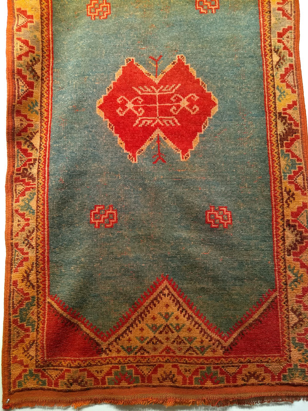 Vintage Moroccan Rug in a Open Field Design in Aqua Blue/Green and Saffron Yellow/Orange Colors 1485, 3’ 5” x 6’ 3”, 3rd Quarter of the 1900s, The Persian Knot