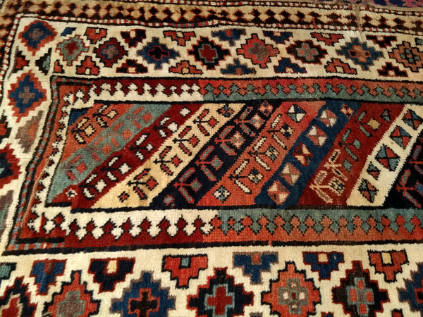 19th Century Caucasian Gendje Kazak Runner in Ivory, Red, Yellow, Blue,  @thepersianknot  , SKU 1405