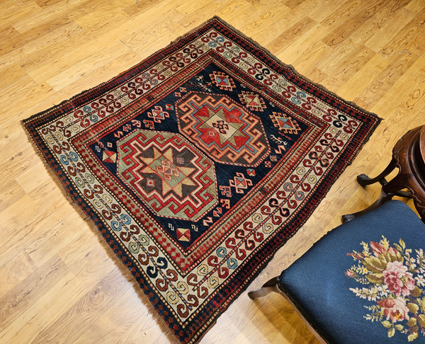 19th Century Caucasian Kazak Square Rug with Memling Gul Medallions in French Blue and Ivory, The Persian Knot, SKU 1285