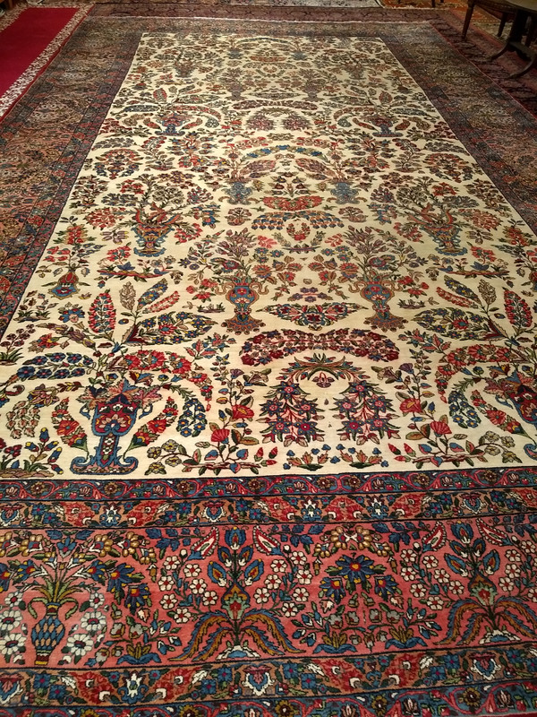 Vintage Oversized Persian Kerman Lavar in Allover Pattern in Ivory, Pink, Yellow, Lavender, Red, The Persian Knot, SKU 1426