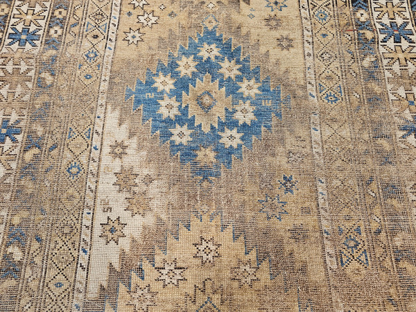 Antique Caucasian Shirvan Area Rug in Pale French Blue, Ivory and Chocolate Colors 1074, 3’ 5” x 4’ 8”, 4th Quarter of the 1800s, South Caucasus