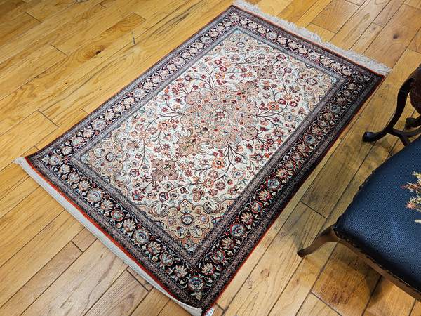 Vintage Persian Silk Qum Area Rug in Floral Pattern in Ivory, Rust, Camel, Navy, The Persian Knot, SKU 1200