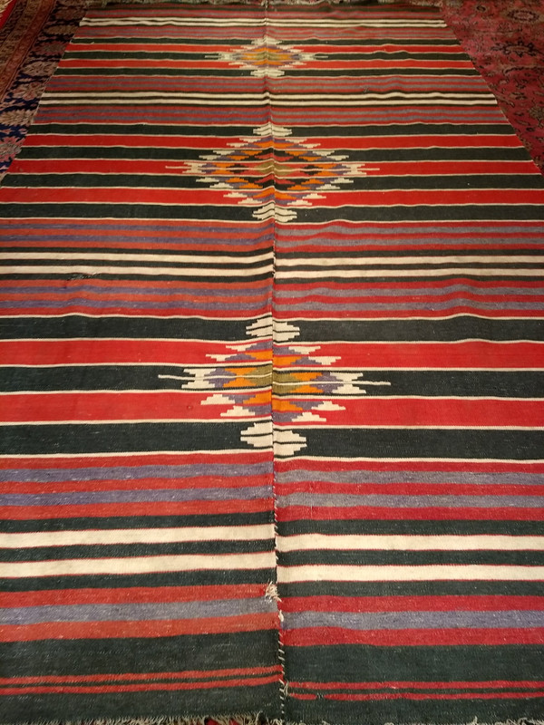 Vintage Southwestern Style Kilim in  Stripe Pattern in Burgundy, Lavender, Ivory,  The Persian Knot, SKU 1328