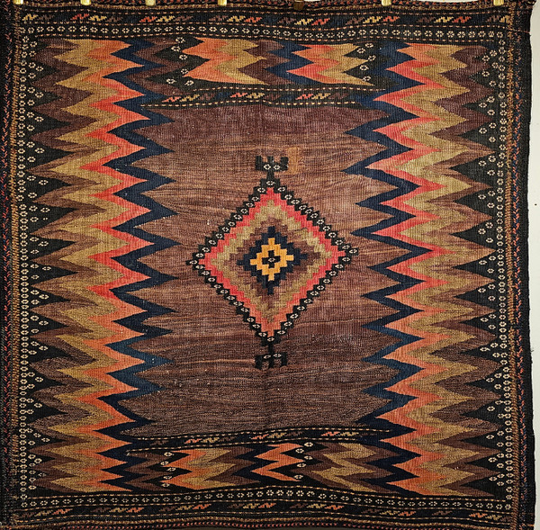 Vintage Square Size Persian Sofreh Kilim in Brown, Navy, Pink, Pale Yellow, The Persian Knot, SKU 1820