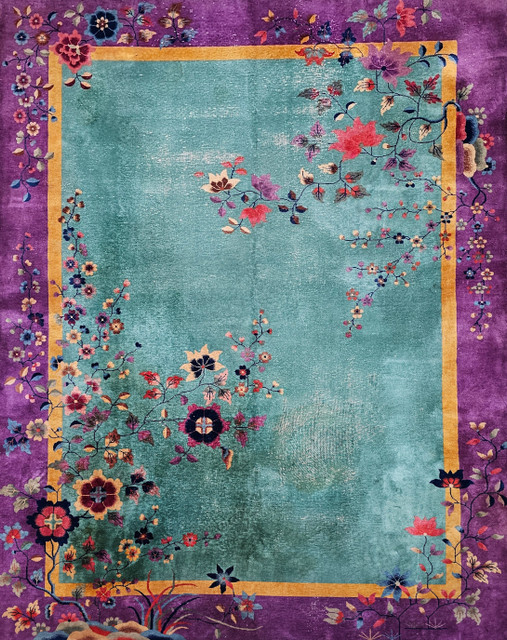 A Chinese Art Deco Rug Where a Green Field Becomes a Garden