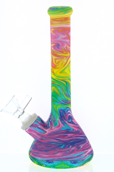 beaker style bong made of silicone with multicolor tie dye pattern and glass bowl included