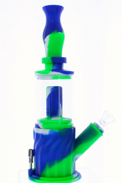 11" Waxmaid 4 in 1 Double Perc Water Pipe: Blue, Green, and White