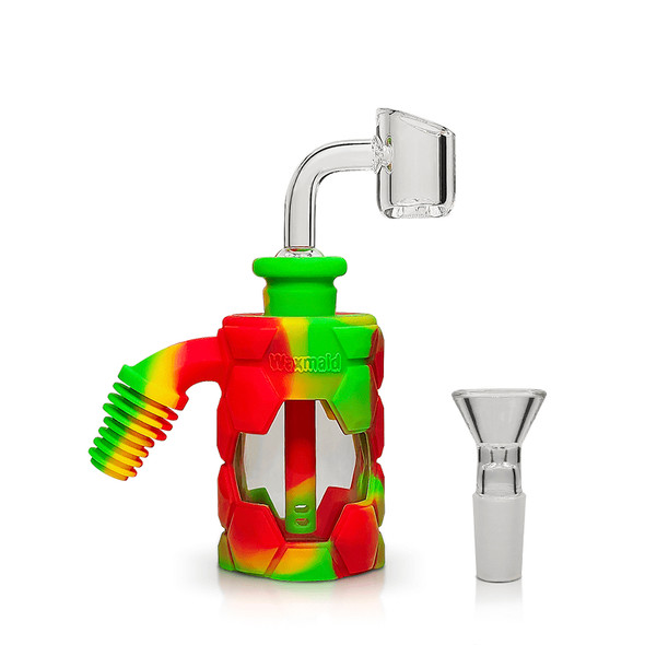 Silicone and Glass Ash Catcher with Banger & Bowl Rasta: 14mm - 18mm Male 45 Degree
