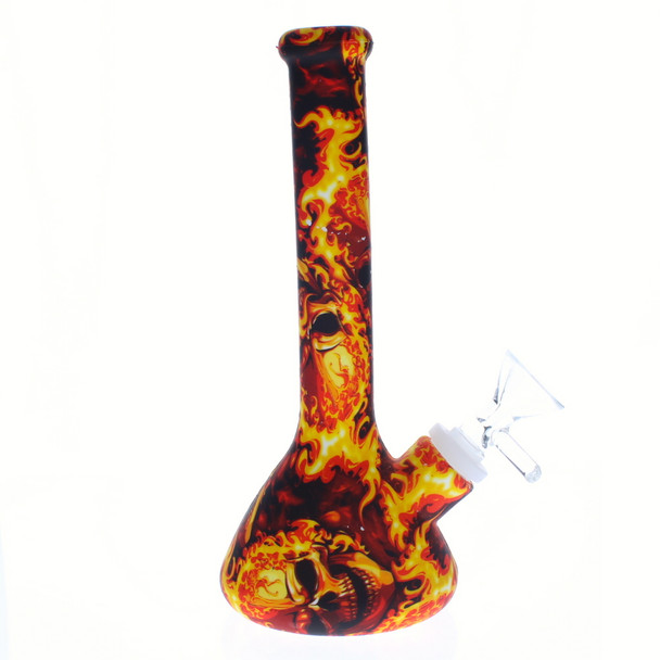 8" Fire Skulll Pattern Beaker Design Silicone Bong