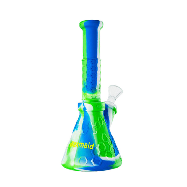 8.7" Waxmaid Hobee: Honeycomb Blue, White, and Green - Silicone Beaker Bong