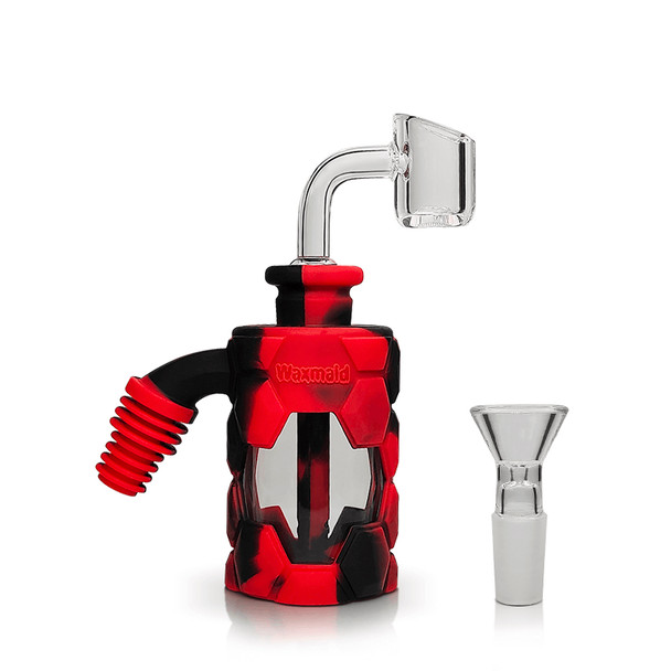 Silicone and Glass Ash Catcher with Banger & Bowl Red Black: 14mm - 18mm Male 45 Degree