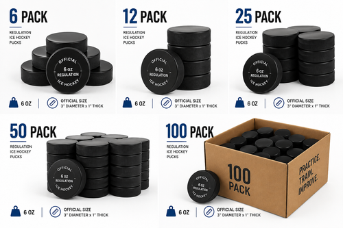 Ice Hockey Pucks – Regulation 6 oz Black Rubber Practice Pucks – Official Size & Weight – Hockey Training Pucks for Shooting, Passing & Stickhandling – 6, 12, 25, 50 & 100 Pack