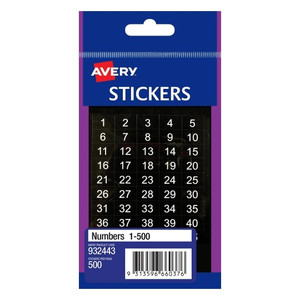 LABEL AVERY F/P NUMBERS 1-500 WHITE ON BLACK LABEL AVERY F/P NUMBERS 1-500 WHITE ON BLACK