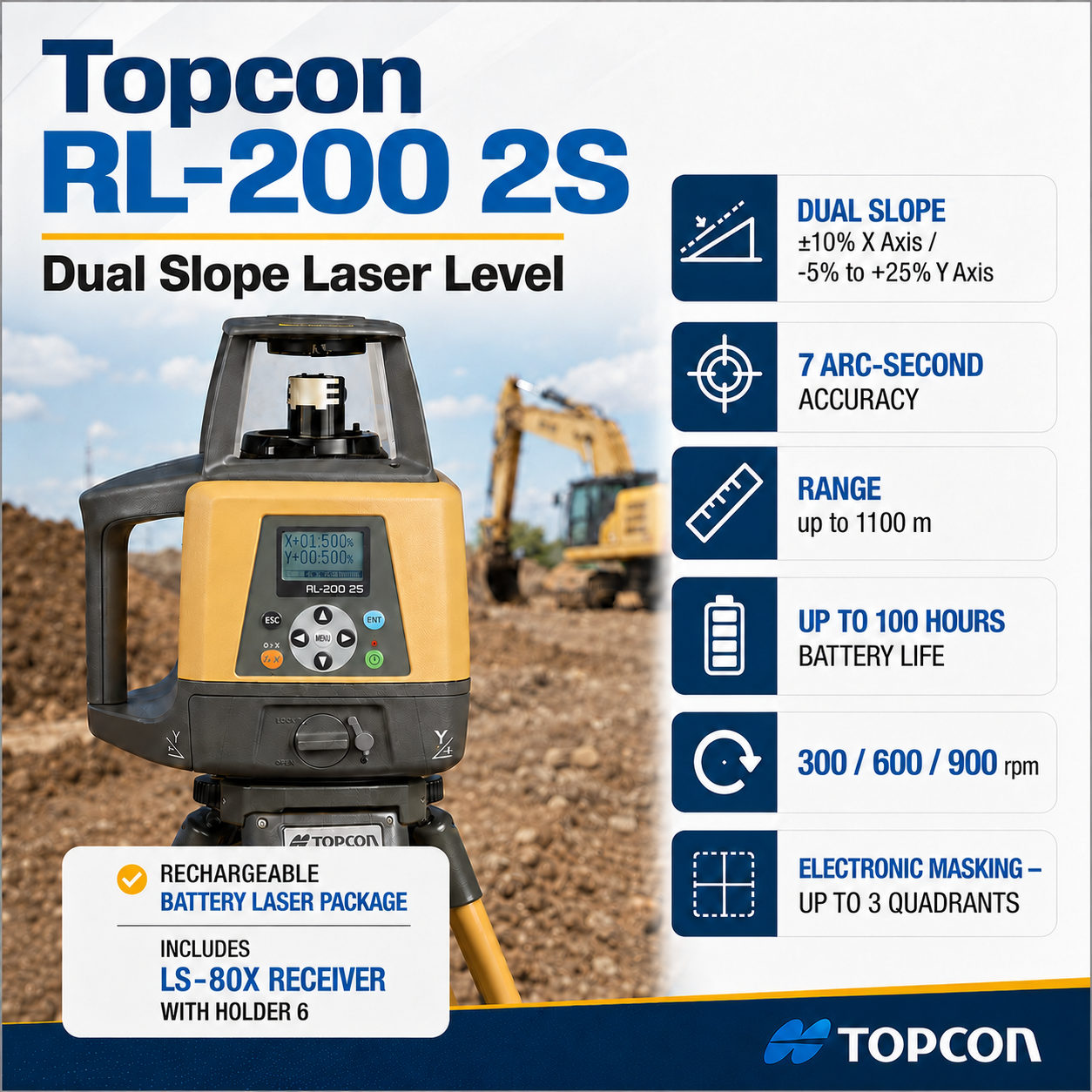 RL-200 2S (-5 to +25%) Dual Slope Laser, Rechargeable Remote Control RC-200. LS-80X Sensor Alkaline.