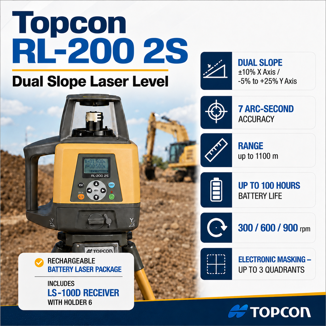 RL-200 2S (-5 to +25%) Dual Slope Laser, Rechargeable,. LS-100D Sensor.