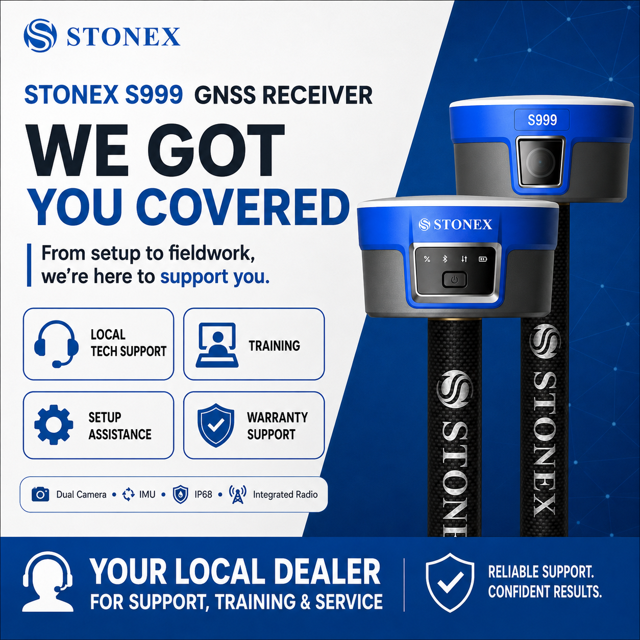 Stonex S999 dual-camera RTK GNSS receiver for surveying, visual stakeout, IMU tilt compensation, and construction layout