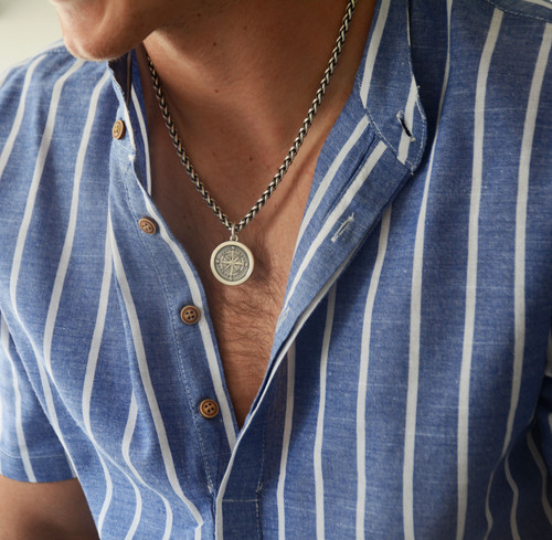 Colby Davis Pendant: Men's Medium Mother's Compass Rose for Son - Sterling Silver Colby Davis Pendant: Men's Medium Mother's Compass Rose for Son - Sterling Silver