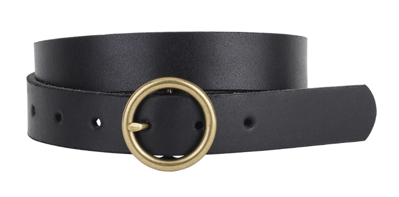 Brass-Toned Circle Buckle Leather Belt - Black
