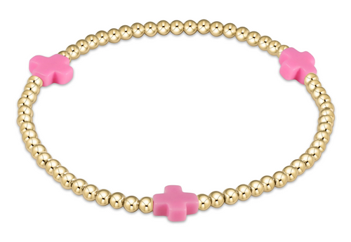 Signature Cross Gold Pattern 3mm Bead Bracelet - Bright Pink