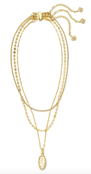 Framed Dani Triple Strand Necklace - Gold White Mosiac Glass 