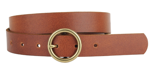 Brass-Toned Circle Buckle Leather Belt - Tan
