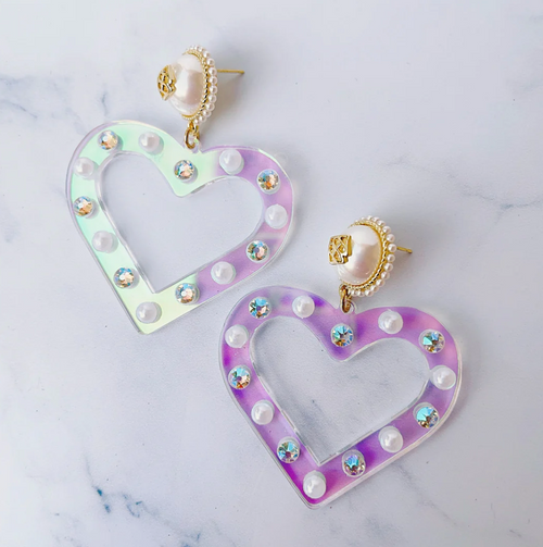 Iridescent Heart Earrings with Pearls and Crystals 