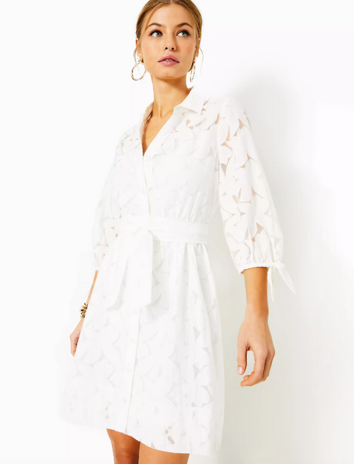 Amrita 3/4 Sleeve Shirtdress - Resort White Flora Faille 