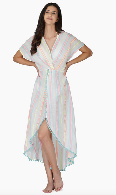 Cotton Striped Front Open Cover Up - Rainbow 