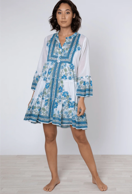 Flared Sleeve Dress - White / Blue / Aqua Rose Border Print 