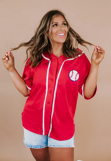 Baseball Top with Sequins Embroidery - Red