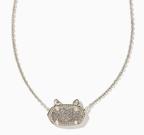 Elisa Cat Pendant Necklace - Rhodium Platinum Drusy