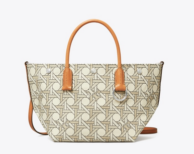 Tory Burch Tory Canvas Basketweave Leather Handles Tote Bag Ivory