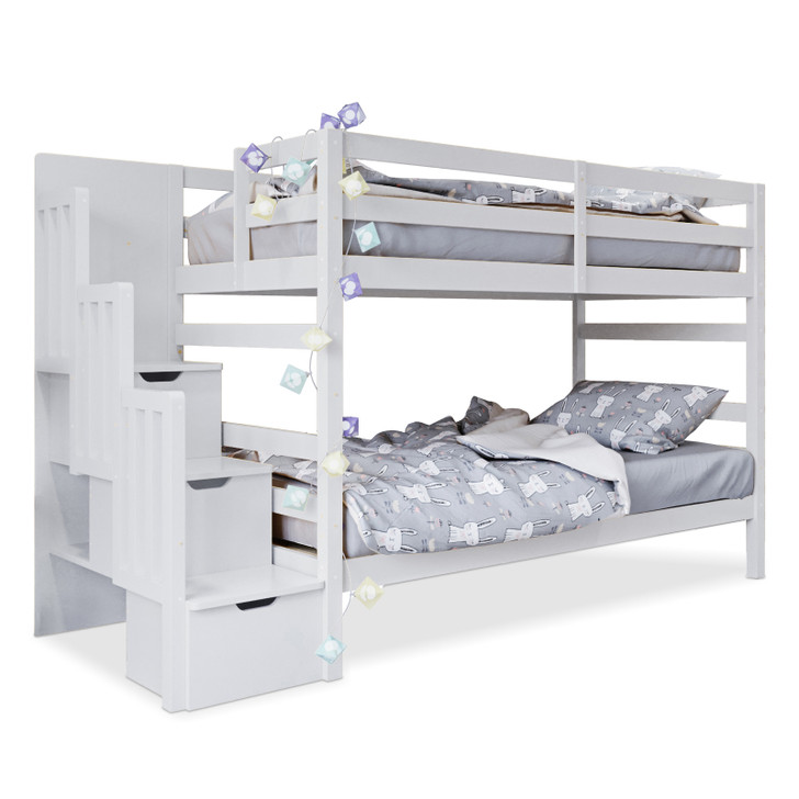 Galla Timber Bunk Bed with Storage Staircase - White
