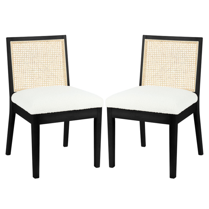 Gretel Wooden-Framed Rattan Boucle Dining Chairs - Set of 2 - Black