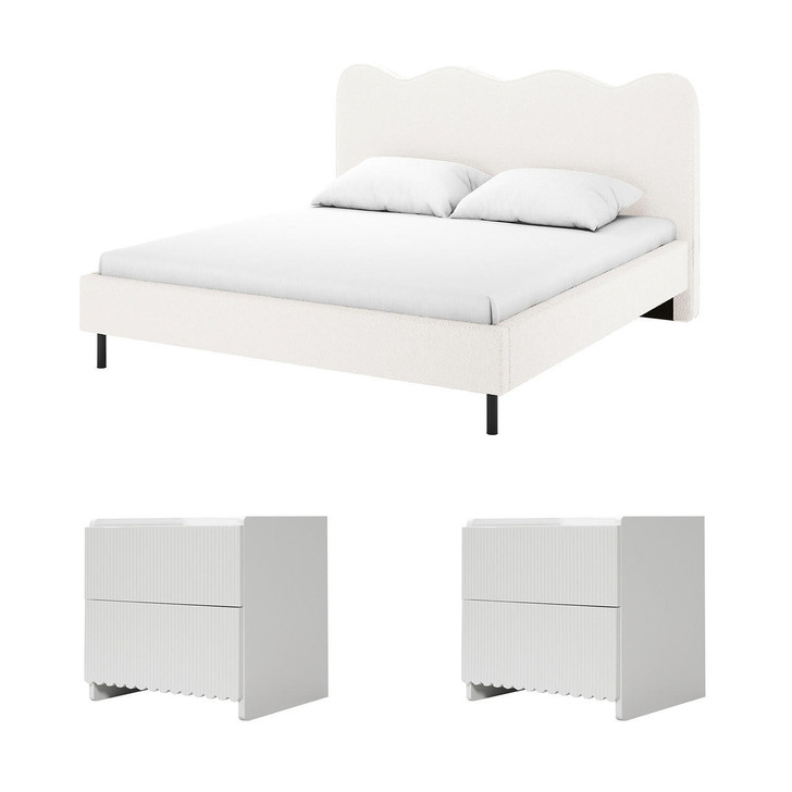 Kaylie Bed w/ Bedside Table Package - Cream White - Double