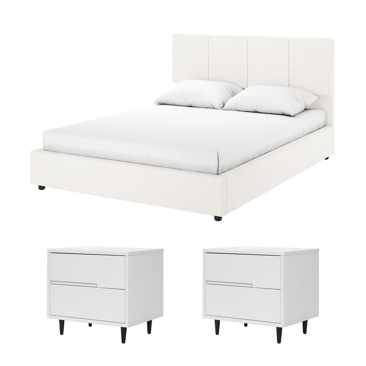 Emina Bed Frame Set w/ 2 Bedside Tables - Cream White - Queen