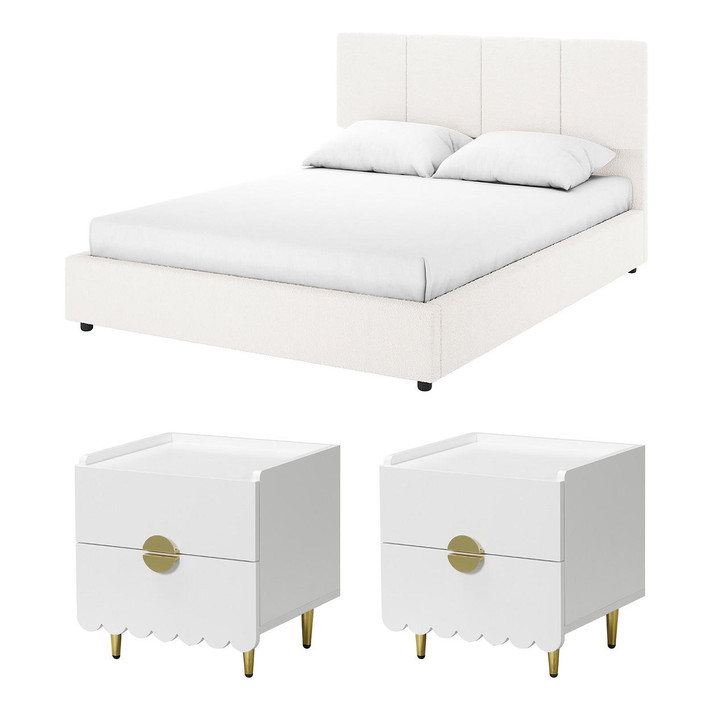 Emina Bed frame Set w/ 2 Venroy Bedside Tables - Cream White - Queen
