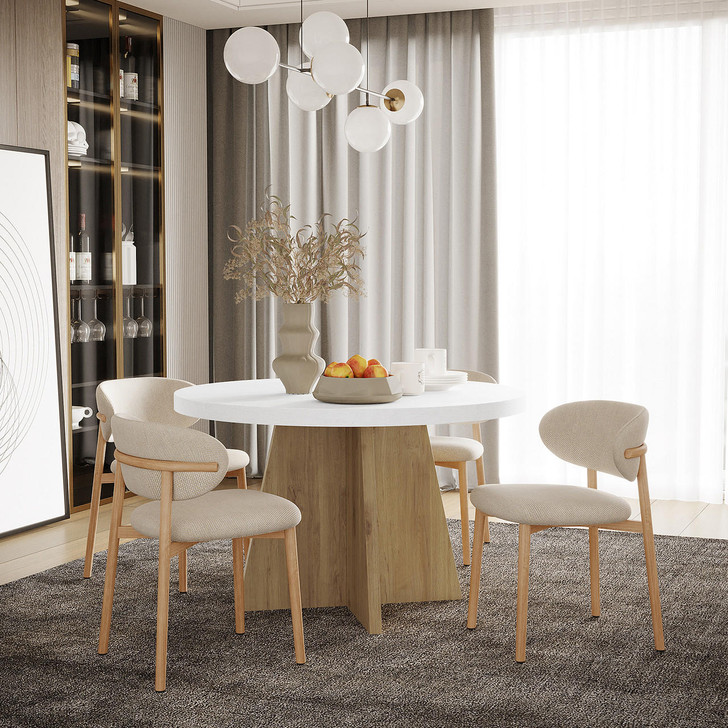 Enid Round Table with 4 Audrey Dining Chair Set - Beige - Lifestyle