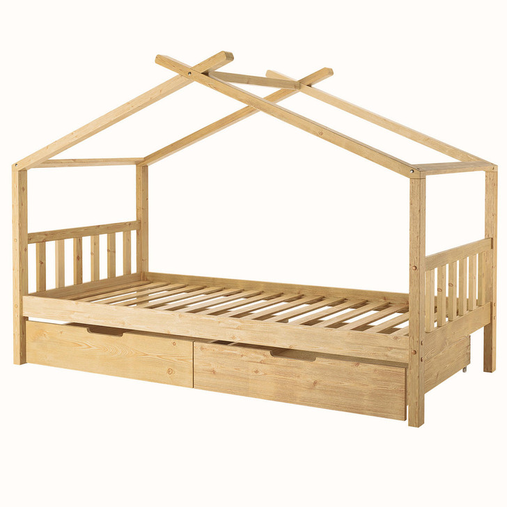 Tucker Kids Solid Pine Timber House Bed w/ Drawers - Natural